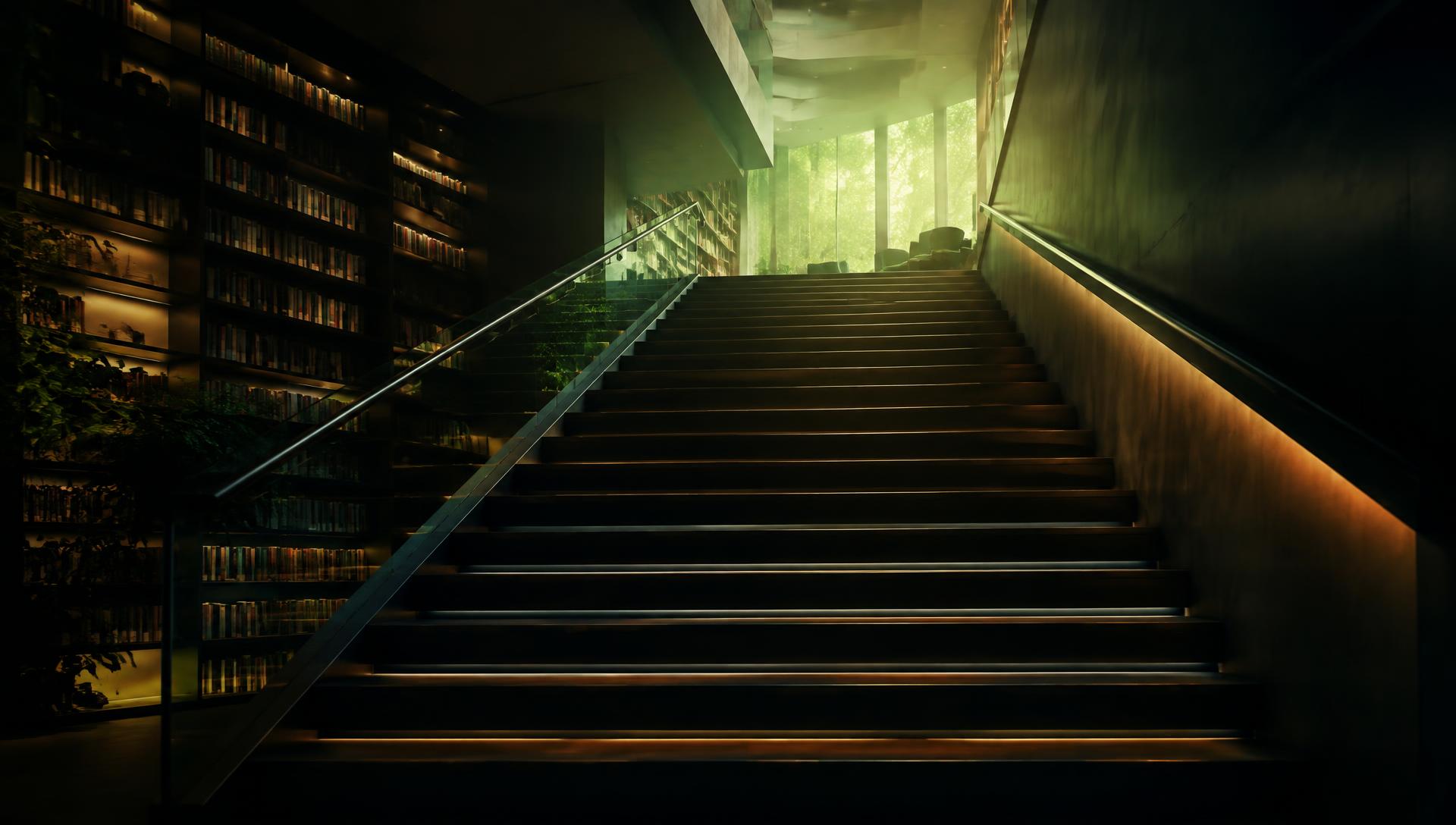A library staircase rising toward green light, symbolizing learning