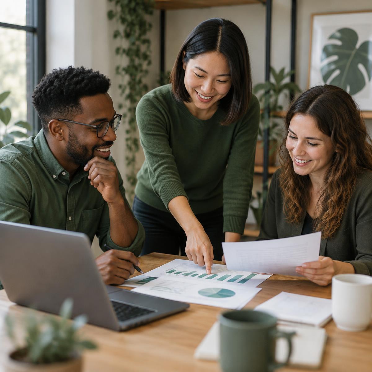 Small team reviewing financial charts together