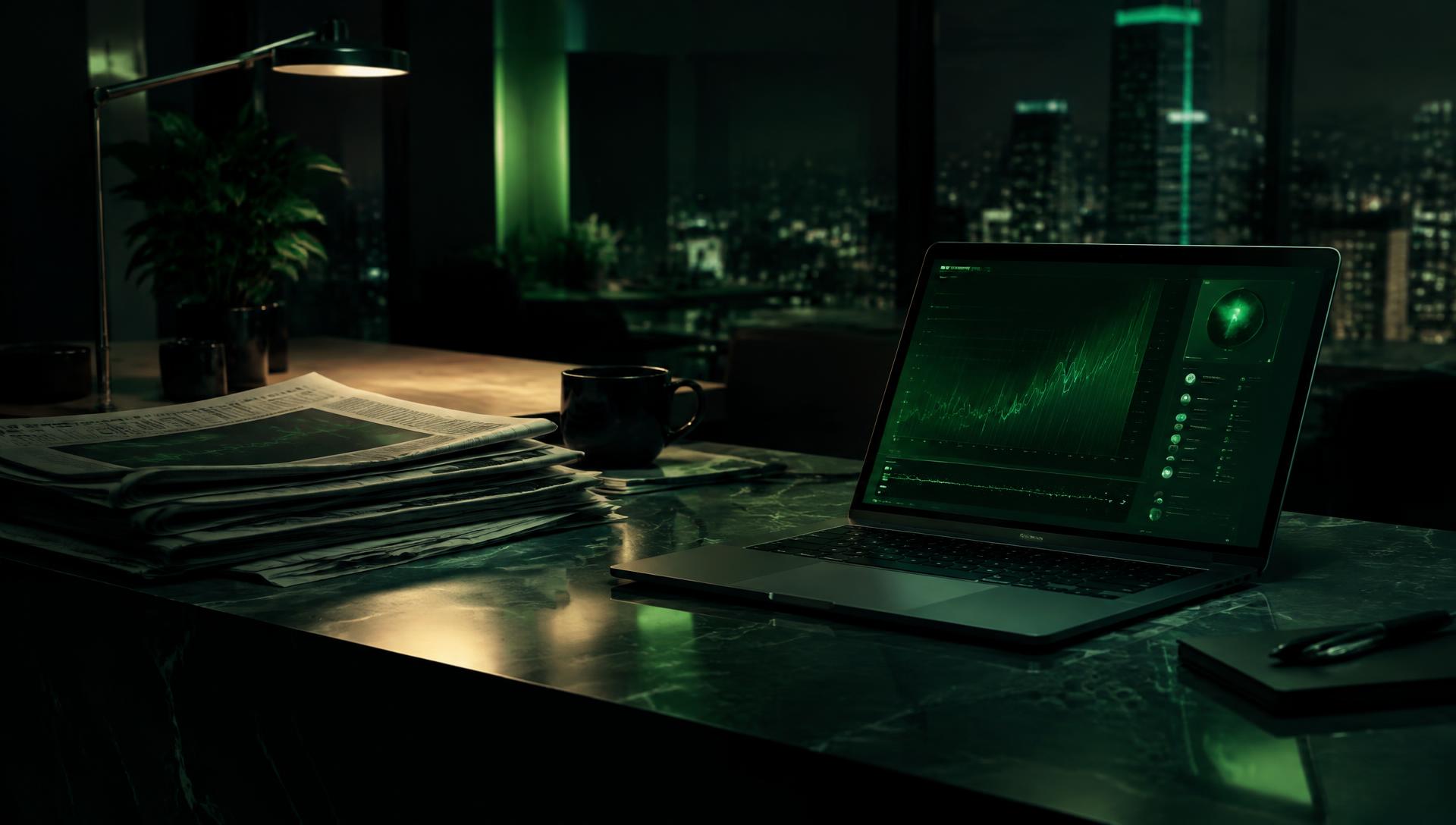 A laptop with green financial charts on a dark newsroom desk at night