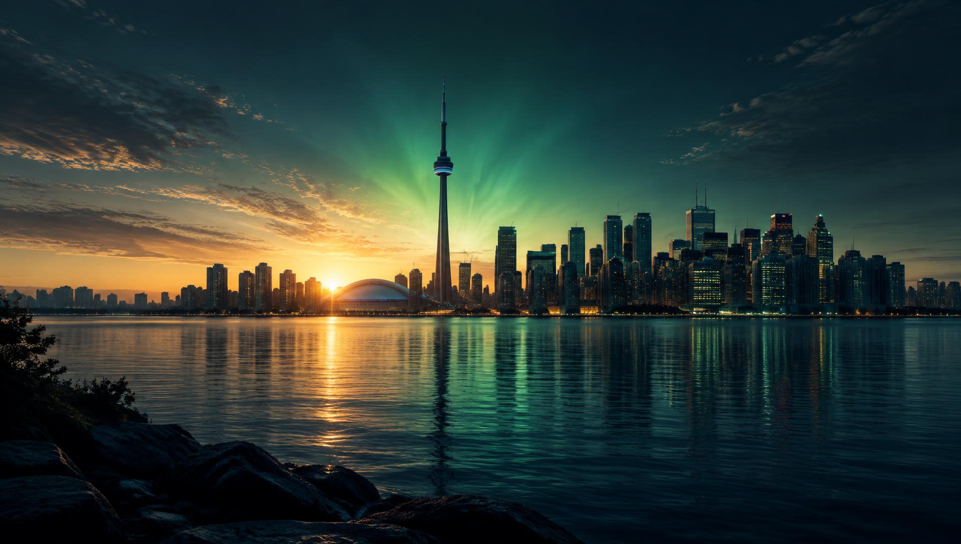 A Canadian city skyline at dawn with a green glow on the horizon
